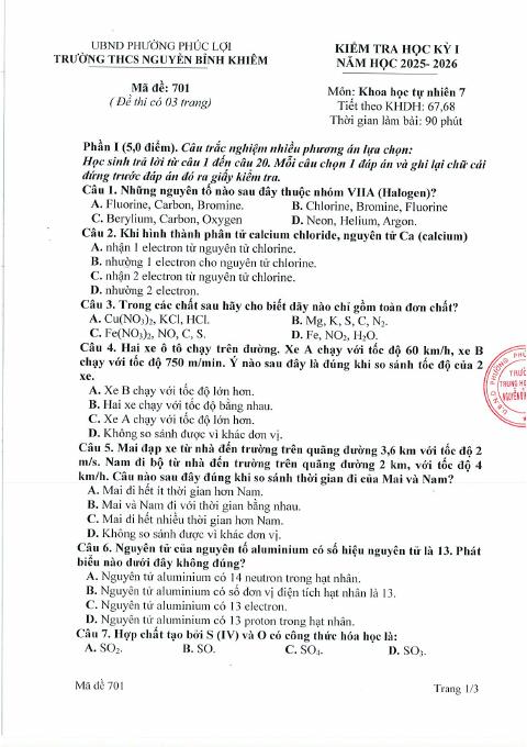 Đề thi Học kì 1 KHTN 7 năm 2025-2026 trường THCS Nguyễn Bỉnh Khiêm (Hà Nội)